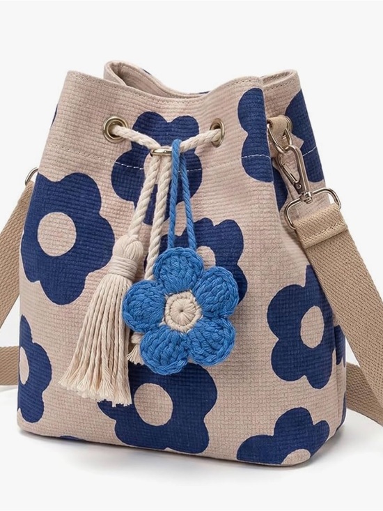 Handbags - Beige Floral Canvas Bucket Bag with Blue Crochet Charm